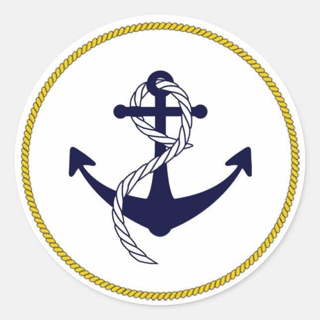 Custom Nautical Anchor Navy Blue White Gold Classic Round Sticker (Front)