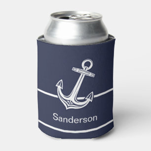 Custom Nautical Anchor Ocean Navy Blue Can Cooler