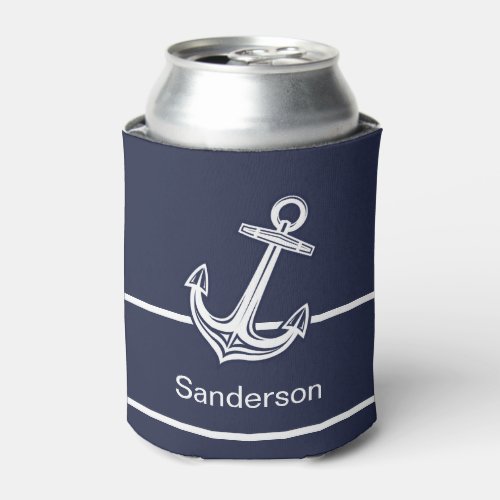 Custom Nautical Anchor  Ocean Navy Blue Can Cooler