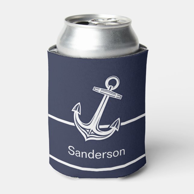 Custom Nautical Anchor  Ocean Navy Blue Can Cooler (Can Front)