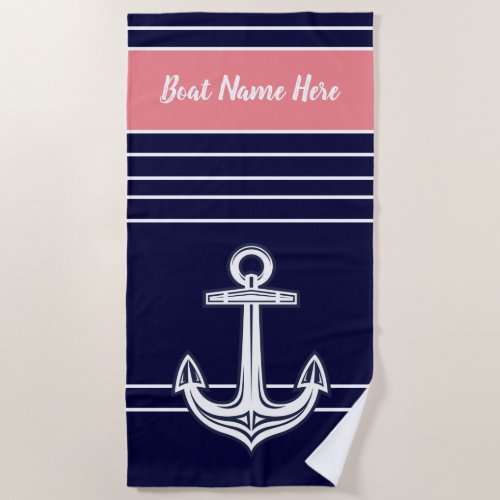 Custom Nautical Anchor Ocean Navy Blue Coral Beach Towel