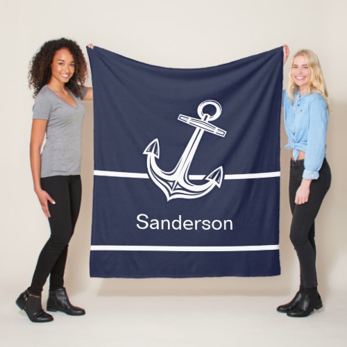 Custom Nautical Anchor  Ocean Navy Blue  Fleece Blanket