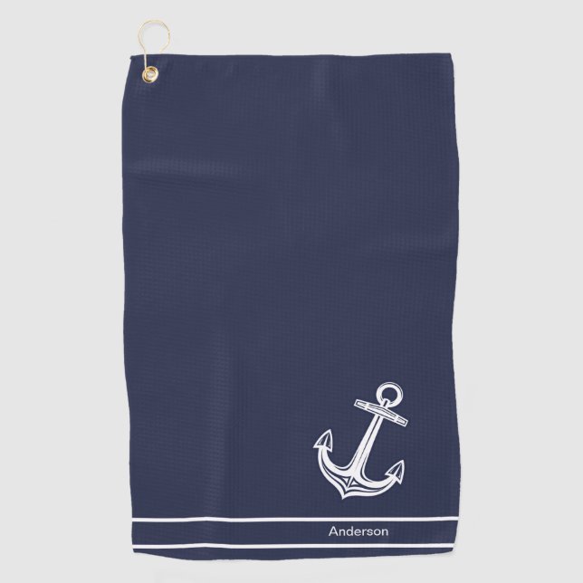 Custom Nautical Anchor  Ocean Navy Blue Golf Towel (Front)