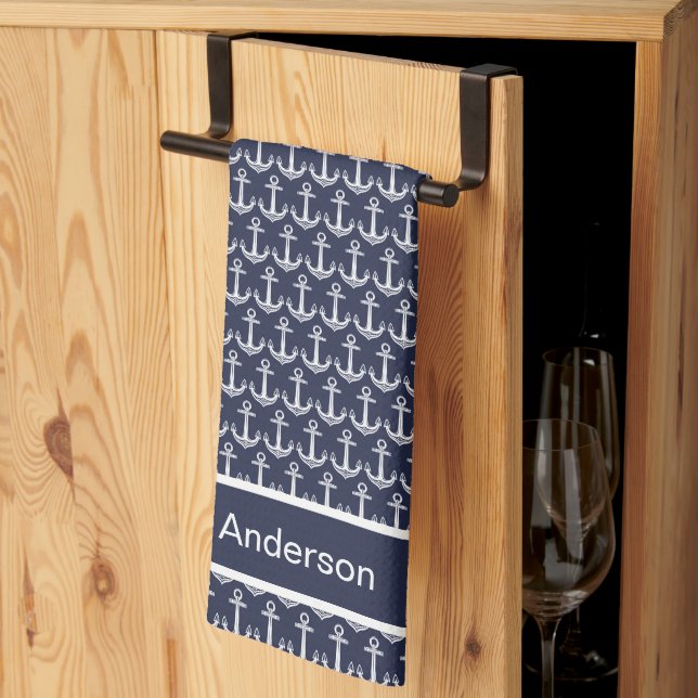 Custom Nautical Anchor Ocean Navy Blue  Kitchen Towel (Thirds Fold)