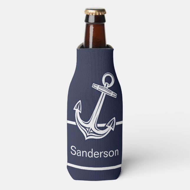 Custom Nautical Anchor  Ocean Navy Bottle Cooler (Bottle Front)