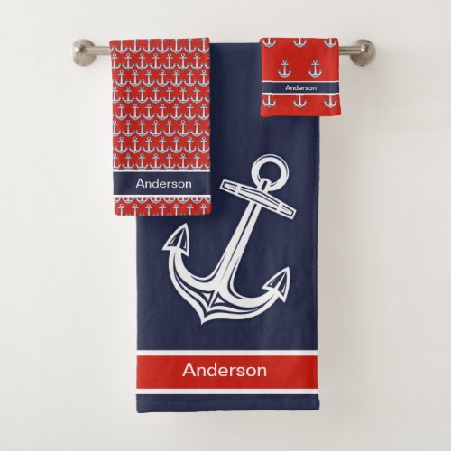 Custom Nautical Anchor Ocean Red Blue White Bath Bath Towel Set