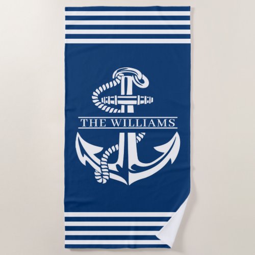 Custom Nautical Anchor On Blue And White Stripes Beach Towel
