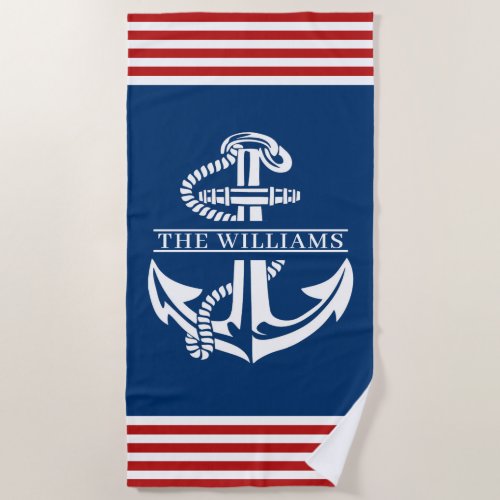 Custom Nautical Anchor On Red And White Stripes Beach Towel