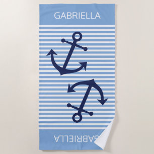 Custom Nautical Anchor Pastel Blue White Stripes Beach Towel