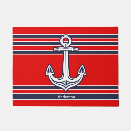 Custom Nautical Anchor  Red Navy Blue Doormat