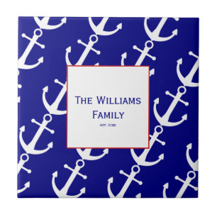 Custom Nautical Anchor Red, White and Blue Tile