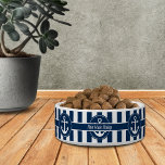 Custom Nautical Anchor Rope Navy Blue Stripes Pet Bowl<br><div class="desc">Ahoy there mateys! Provide food and water for your pet at home, by the pool, on the beach or sailing the high seas with this nautical design featuring an anchor, rope over navy blue and white stripes. Shown here with the words "First Mate", you can easily personalize it with your...</div>