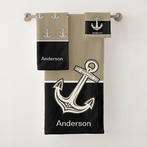 Custom Nautical Anchor Sand Taupe Beige Black Bath Towel Set