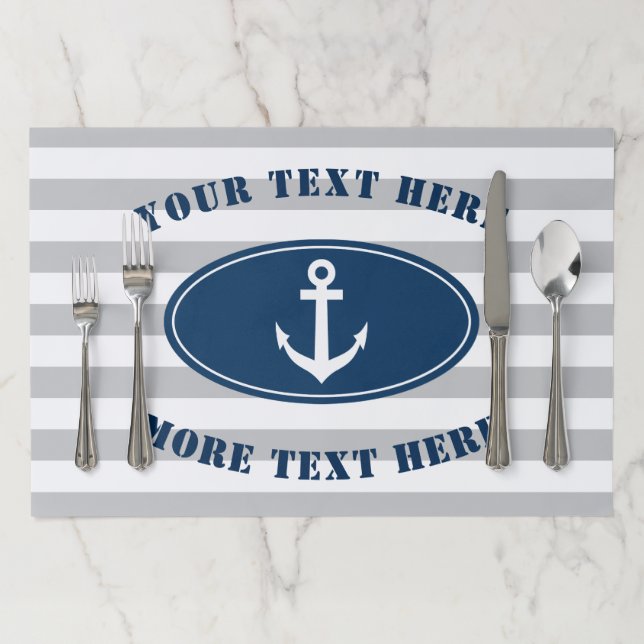 Custom nautical anchor stripe paper party placemat (In Situ)