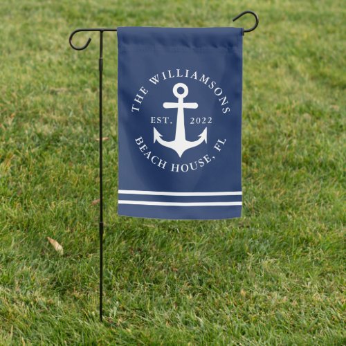 Custom Nautical Anchor Stripes Navy Blue White Garden Flag