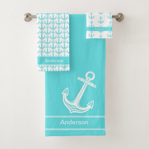 Custom Nautical Anchor Teal Bathroom Blue Aqua Bath Towel Set