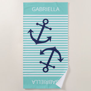 Custom Nautical Anchor Turquoise White Stripes Beach Towel