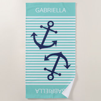 Custom Nautical Anchor Turquoise White Stripes Beach Towel