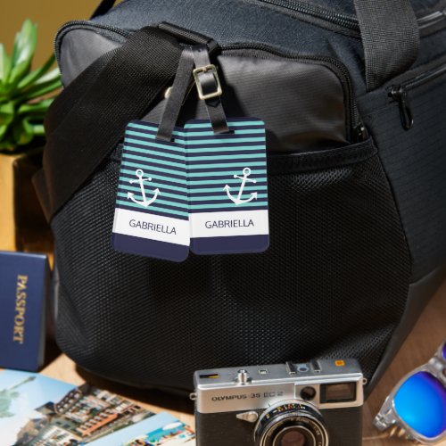 Custom Nautical Aqua Turquoise Striped Pattern Luggage Tag