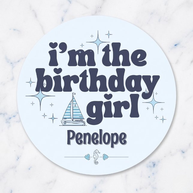 Custom Nautical Birthday Girl Round Sticker (Every surface deserves a little nautical birthday magic.)