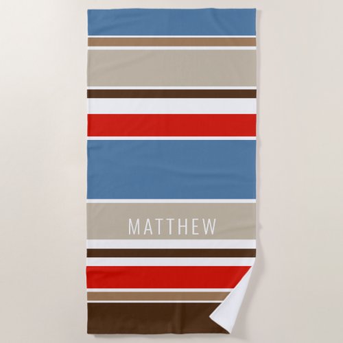 Custom Nautical Blue Dark Brown Red White Stripes Beach Towel