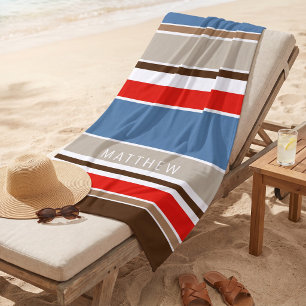 Custom Nautical Blue Dark Brown Red White Stripes Beach Towel
