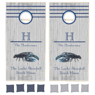 Custom Nautical Blue Lobster Coastal Gray wood Cornhole Set