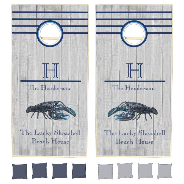 Custom Nautical Blue Lobster Coastal Gray wood Cornhole Set (Set)
