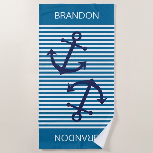Custom Nautical Blue White Preppy Stripes Pattern Beach Towel
