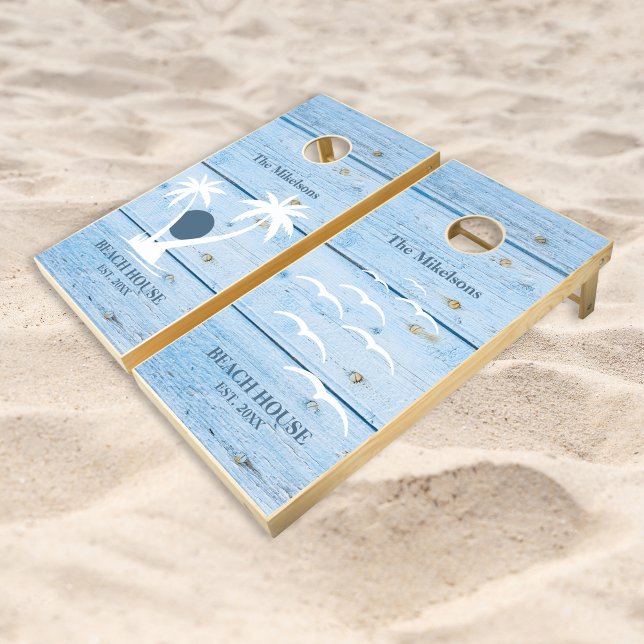 Custom Nautical Blue Wood Beach House Cornhole Set (Creator Uploaded)
