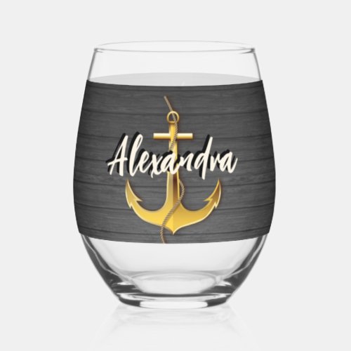 Custom Nautical Boat Anchor Name Wood  Stemless Wine Glass