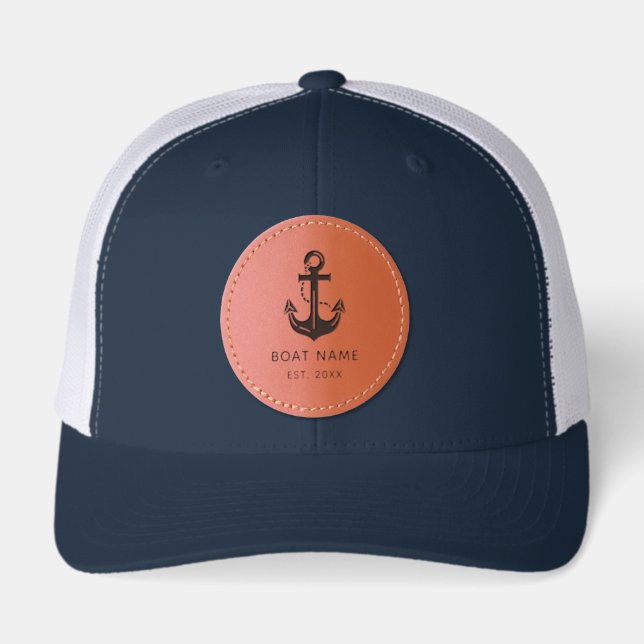 Custom Nautical Boat Name Anchor Leather Patch Hat (Front)