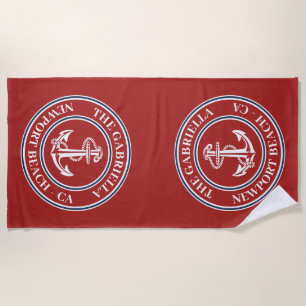 Custom Nautical Boat Name Anchor Navy Blue Border Beach Towel