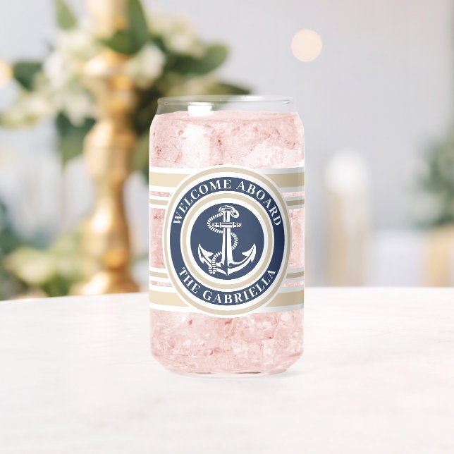 Custom Nautical Boat Name Anchor Navy Blue Border Can Glass (Insitu (Wedding))