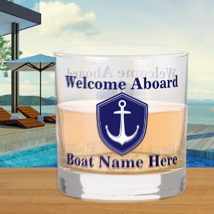 Custom Nautical Boat Name Anchor Navy Blue Whiskey Glass