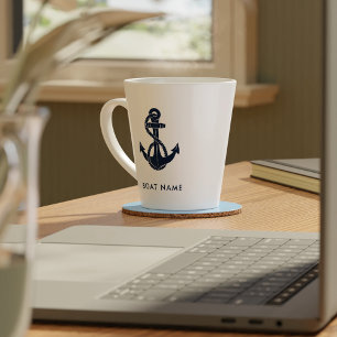 Custom Nautical Boat Name Navy Blue Anchor Latte Mug