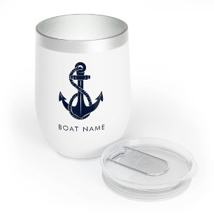 Custom Nautical Boat Name Navy Blue Anchor Thermal Wine Tumbler