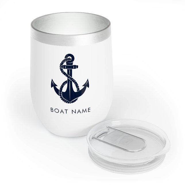 Custom Nautical Boat Name Navy Blue Anchor Thermal Wine Tumbler (Custom Nautical Boat Name Navy Blue Anchor Thermal Wine Tumbler)