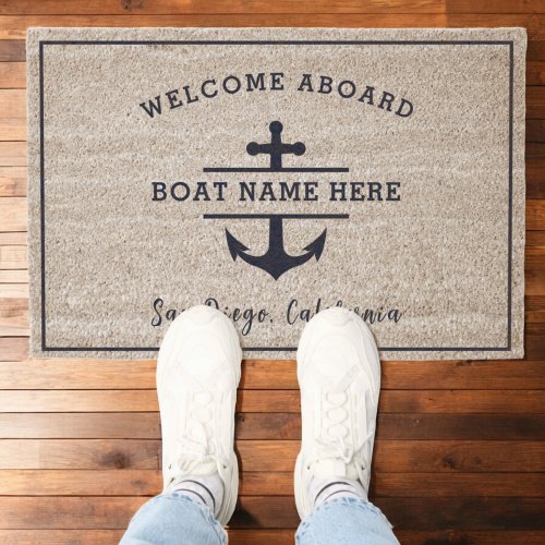 Custom Nautical Boat Name Welcome Aboard Anchor  Fiber Doormat