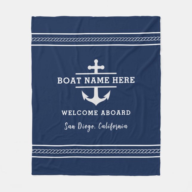 Custom Nautical Boat Name Welcome Aboard Anchor  Fleece Blanket (Front)