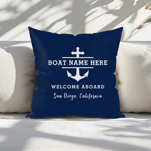 Custom Nautical Boat Name Welcome Aboard Anchor Throw Pillow