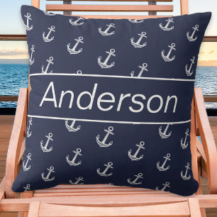 Custom Nautical Coastal Anchor Navy Blue White Throw Pillow