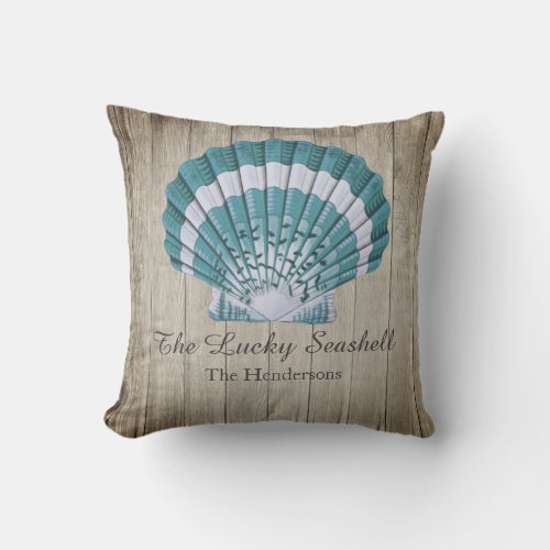Custom Nautical Coastal Blue Seashell Monogram  Throw Pillow
