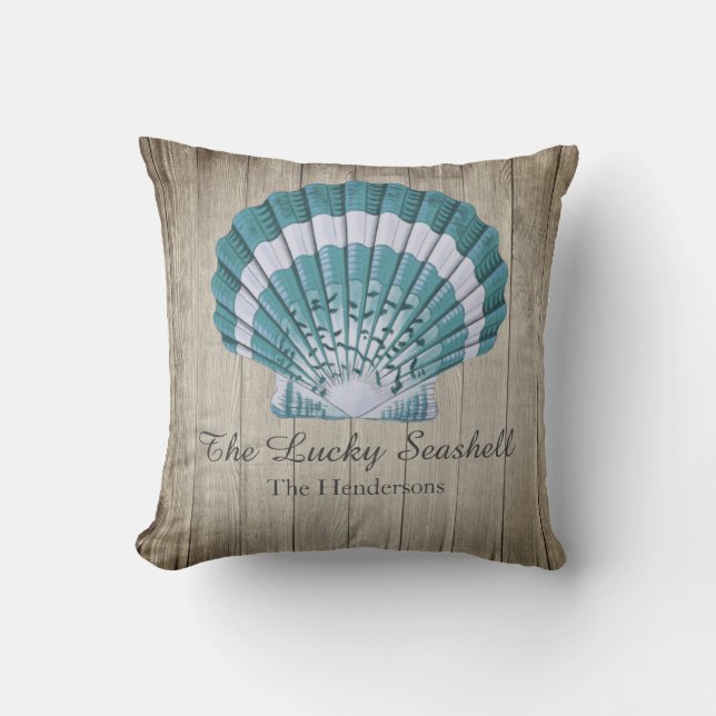 Custom Nautical Coastal Blue Seashell Monogram  Throw Pillow (Front)