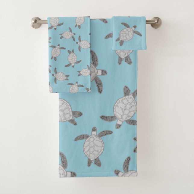 Custom Nautical Coastal Gray Sea Turtle Dusty Blue Bath Towel Set (Insitu)