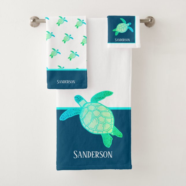 Custom Nautical Coastal Sea Turtle Aqua Teal Blue Bath Towel Set (Insitu)