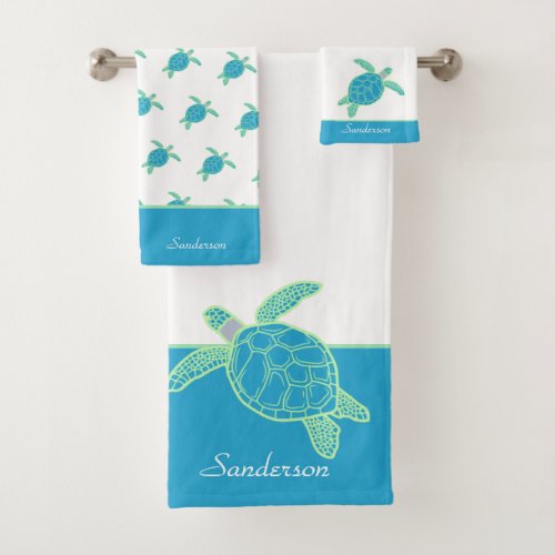 Custom Nautical Coastal Sea Turtle Blue and Gray   Bath Towel Set