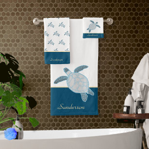Custom Nautical Coastal Sea Turtle Blue and Gray   Bath Towel Set