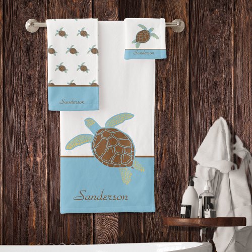 Custom Nautical Coastal Sea Turtle Blue and Gray Bath Towel Set