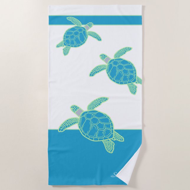 Custom Nautical Coastal Sea Turtle Blue and Gray   Beach Towel (Front)
